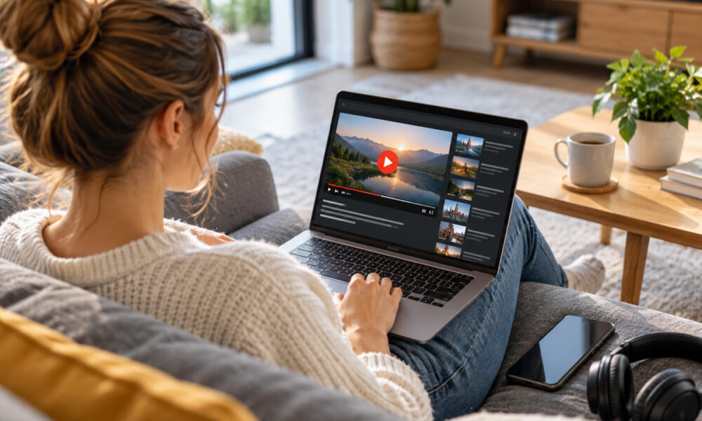 Žena sleduje videa na notebooku a využívá YouTube Premium bez reklam
