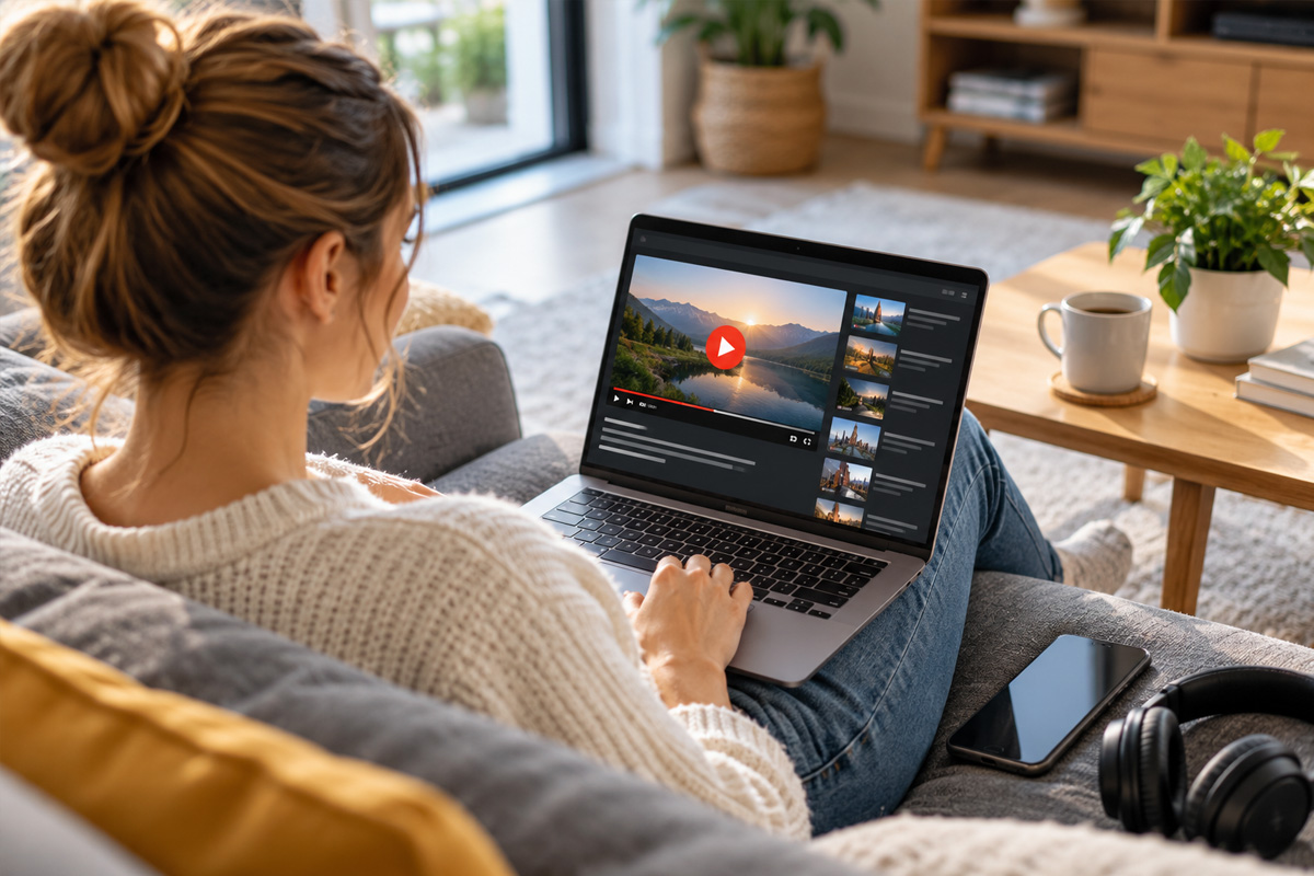 Žena sleduje videa na notebooku a využívá YouTube Premium bez reklam